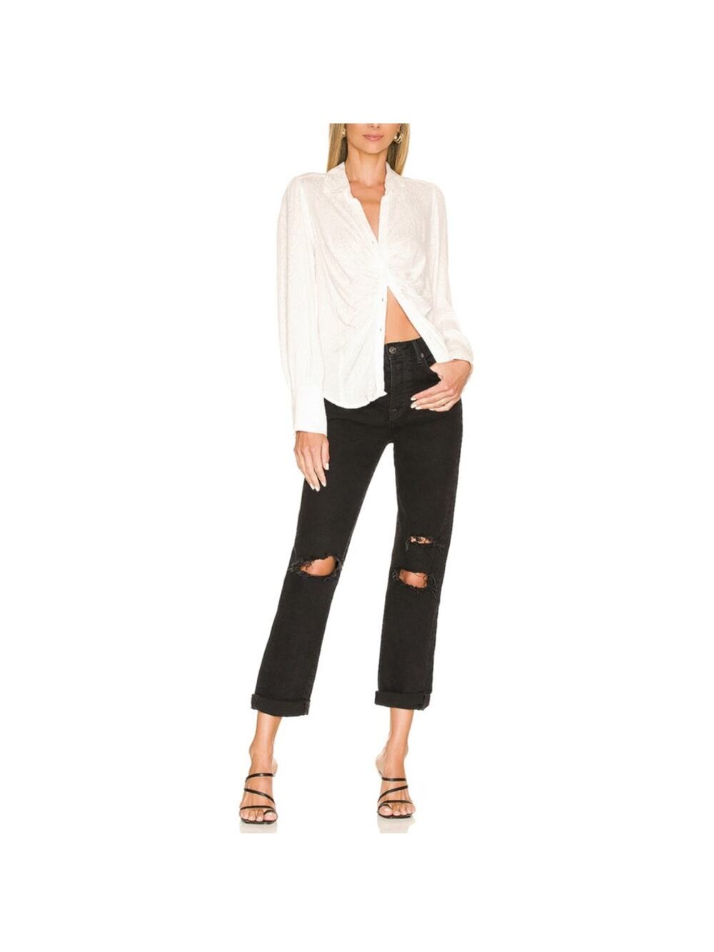 We The Free People Bren Black Magic Button Fly Boyfriend Distressed Jeans Sz 30